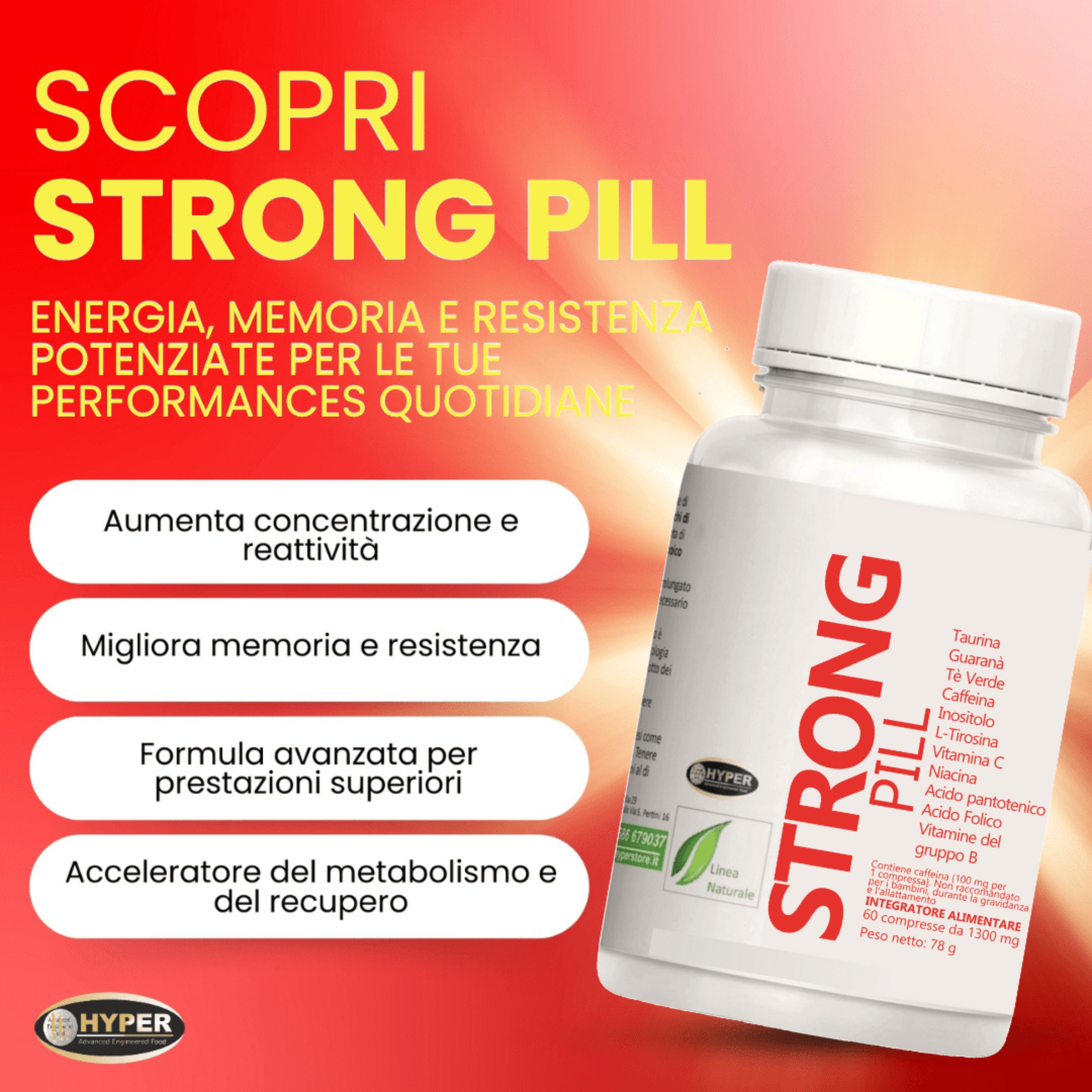 HYPER Stron Pill 60cpr Stimolante Con Taurina  Guaranà  Tè Verde  Caffeina, Tirosina e Vitamine