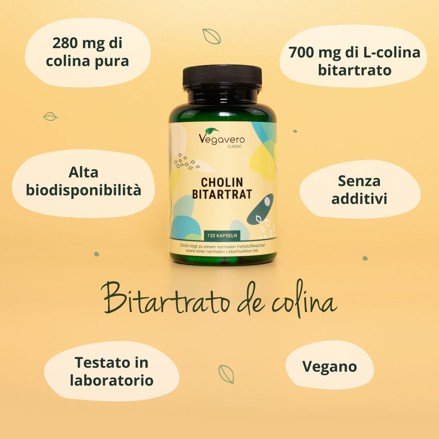 Flacone di Cholin Bitartrat. Scritta: 120 capsule. 280 mg di colina pura. Alta biodisponibilità. Senza additivi. Vegano.