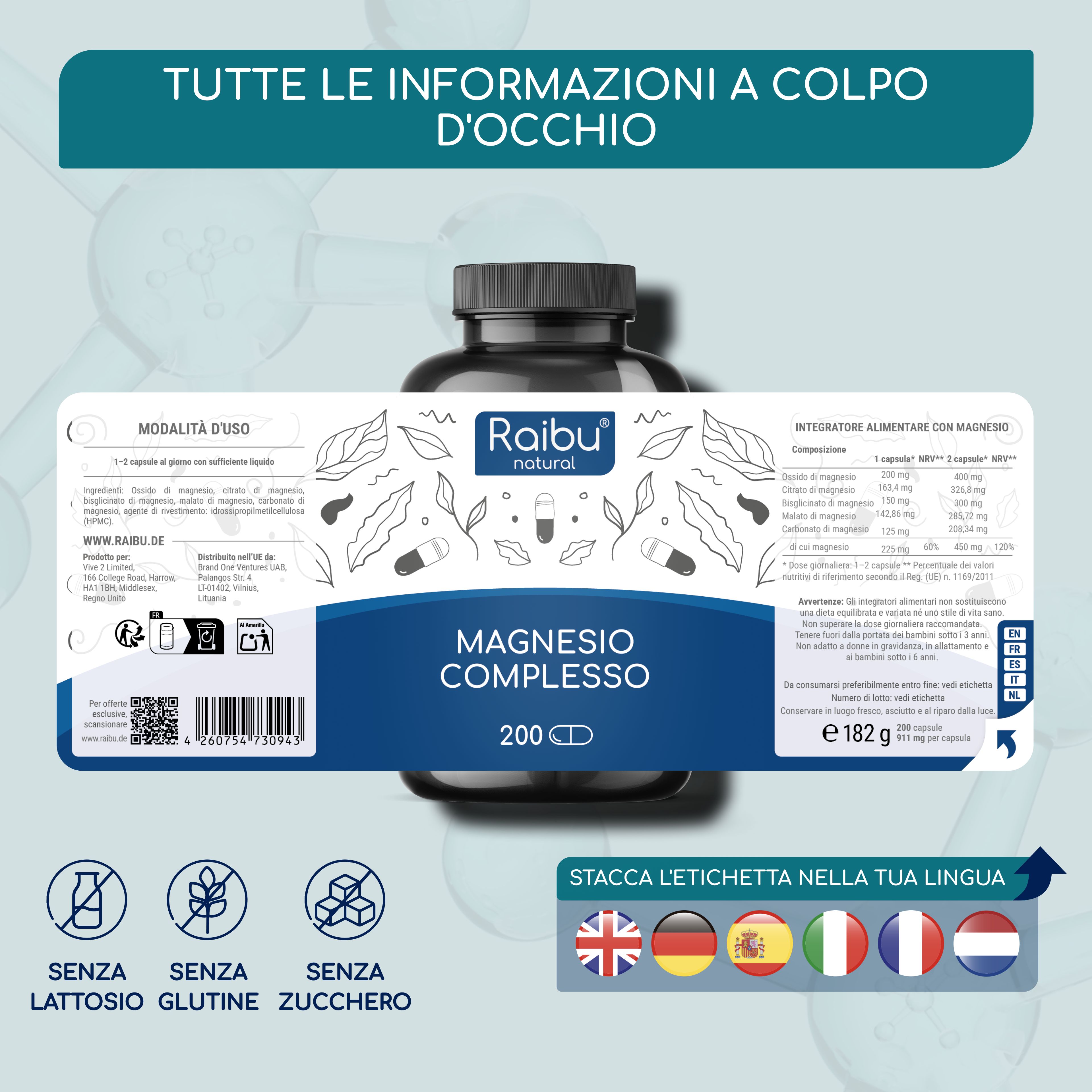 Coppia in palestra. Testo: 200 capsule, adatto ai vegani, senza glutine, lattosio, OGM. Fino a 200 giorni di utilizzo.
