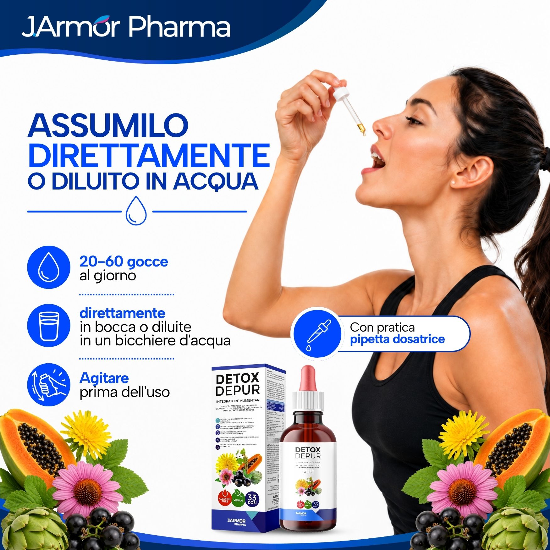 Donna assume gocce Detox Depur con contagocce. Flacone e scatola accanto.
