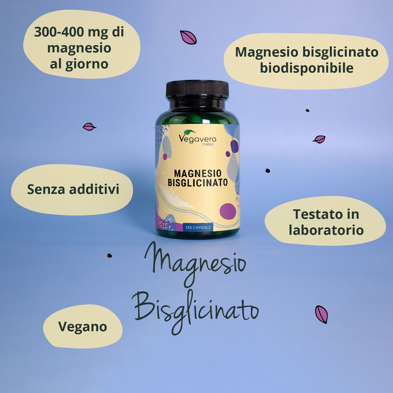 Prodotto con bottiglia e testo. Scritta: Magnesium Bisglycinat. Icone: Vegano, senza additivi, testato in laboratorio.