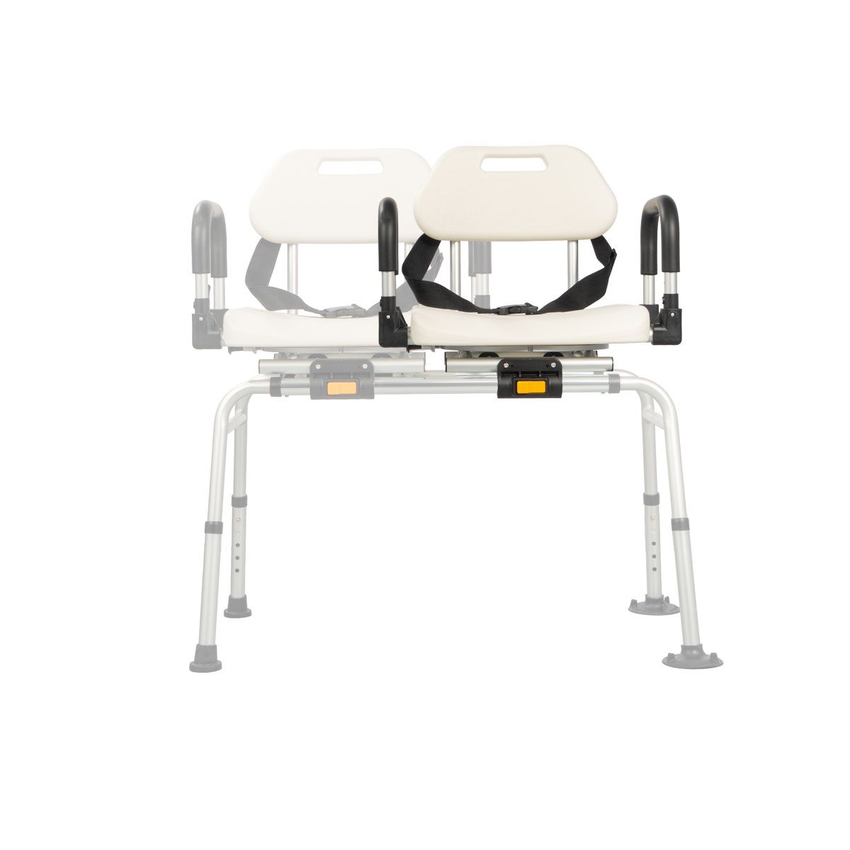 Sedia da doccia con due sedute, schienali e braccioli. Telaio in alluminio. Cintura di sicurezza. Gambe regolabili.