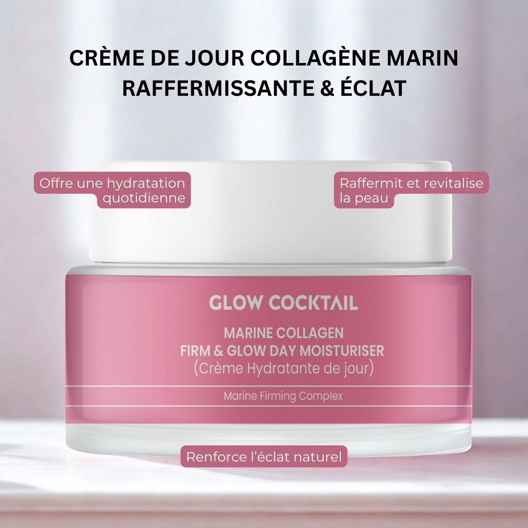 Vaso rosa con coperchio bianco. Scritta: GLOW COCKTAIL, MARINE COLLAGEN, FIRM & GLOW DAY MOISTURISER. Testo: Crème de jour collagène marin raffermissante & éclat.
