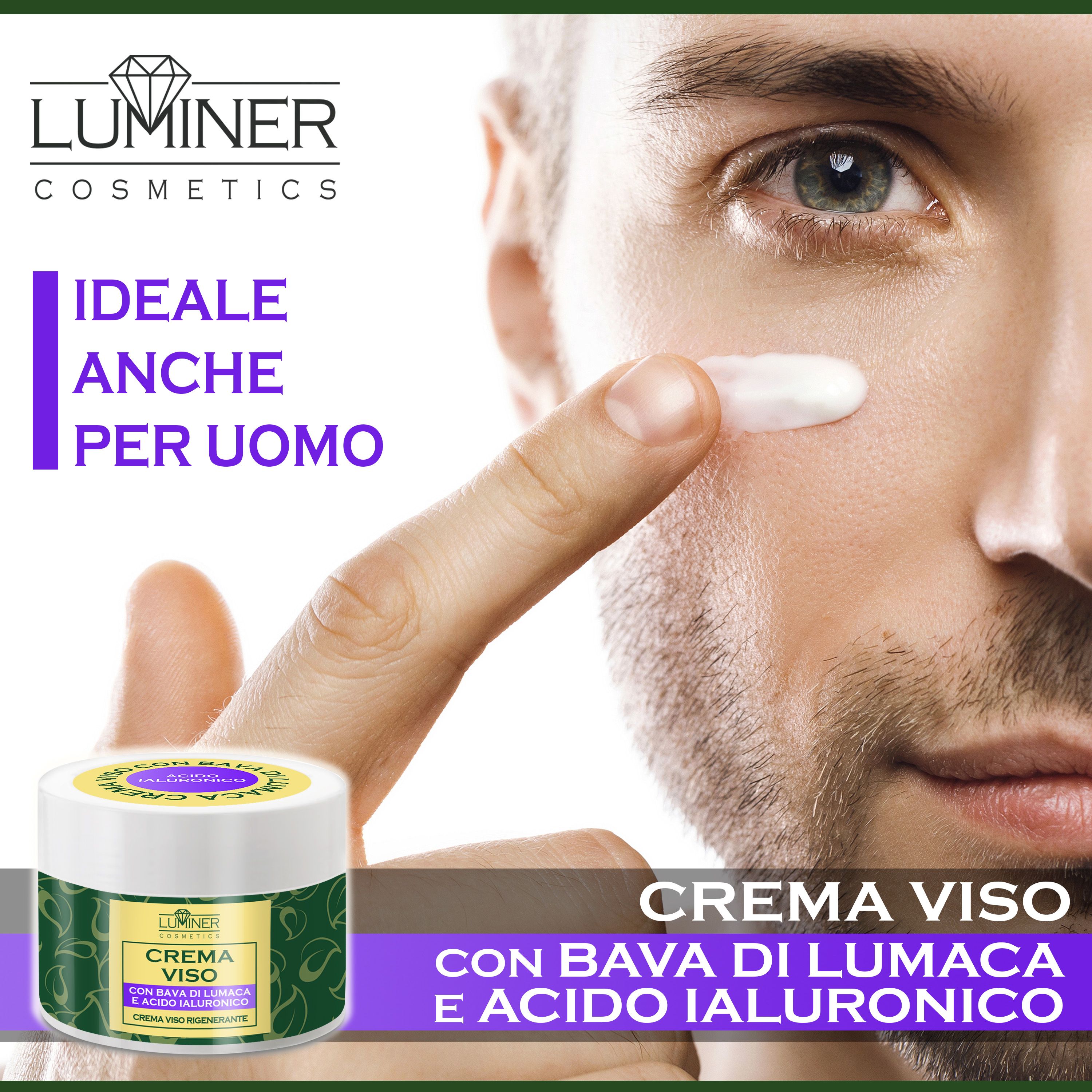 Uomo applica crema viso, vasetto e testo "Ideale anche per uomo".