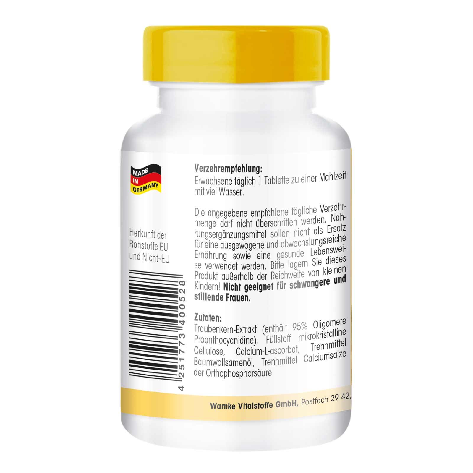 Retro del flacone di compresse. Testo: Raccomandazioni per l'uso, ingredienti, origine delle materie prime UE e non UE, Made in Germany. Tappo giallo.