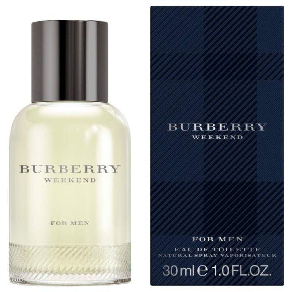 Flacone Burberry Weekend Eau de Toilette per uomo e confezione. Scritte: Burberry Weekend, For Men, 30 ml.