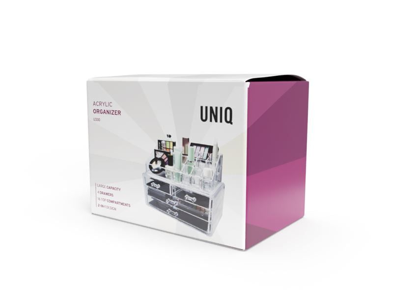 Confezione dell'organizzatore per trucco UNIQ. Scatola con immagine del prodotto, nome del marchio e descrizione.