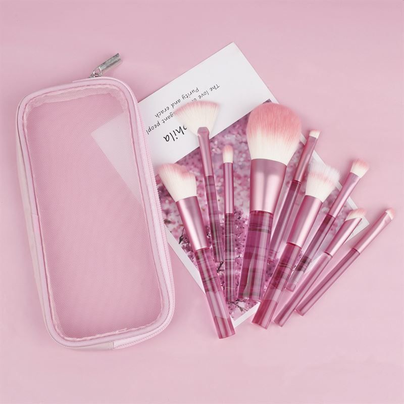 Set di pennelli per trucco rosa con custodia. Pennelli con manici trasparenti e setole rosa. Su sfondo rosa.