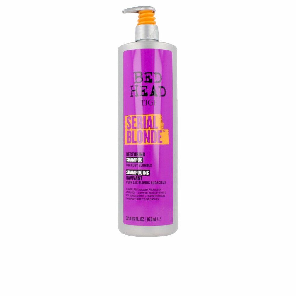 Flacone di shampoo Tigi Bed Head Serial Blonde. Flacone viola con etichetta gialla. Pompa con testa arancione.