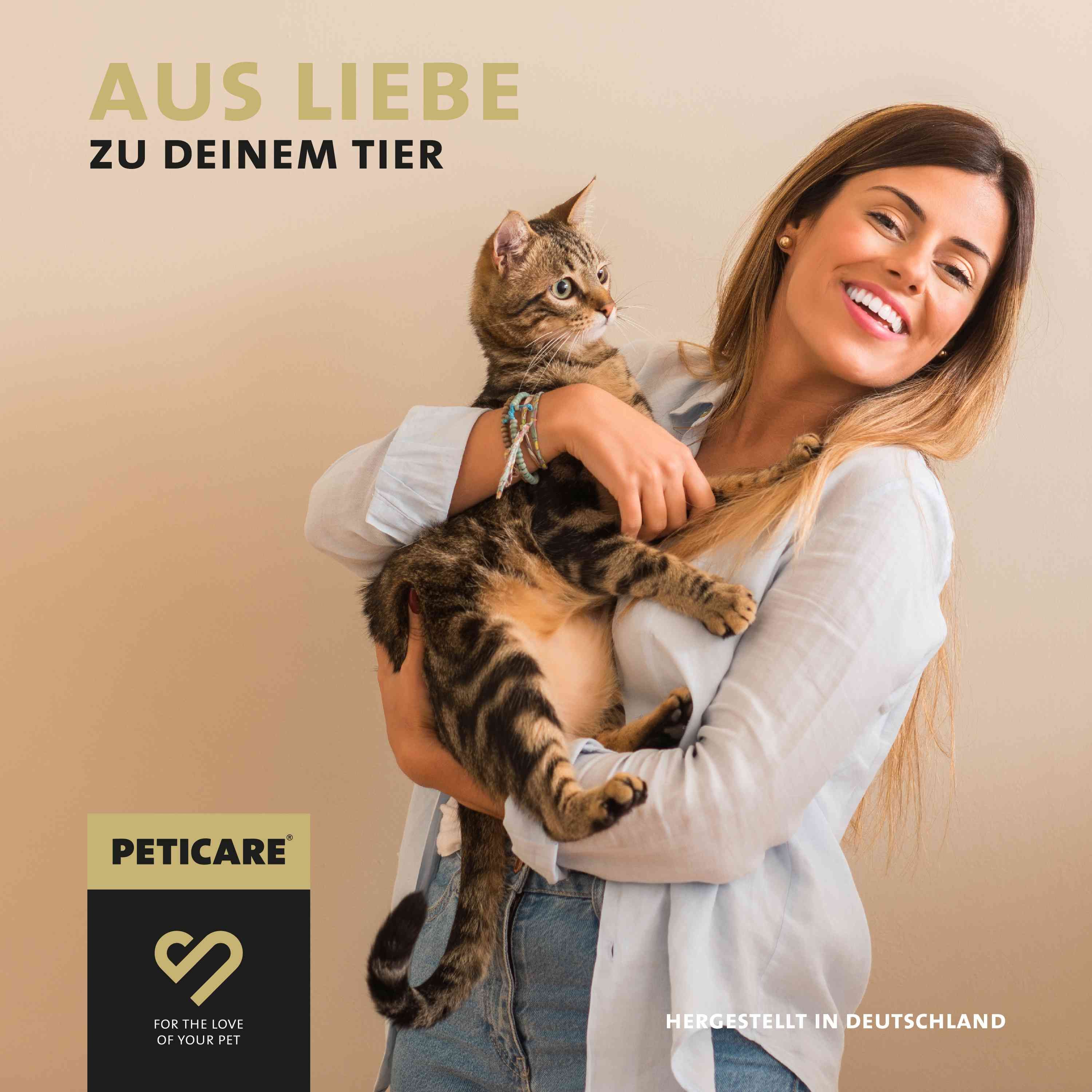 Donna che tiene un gatto, logo Peticare. "Per amore del tuo animale".