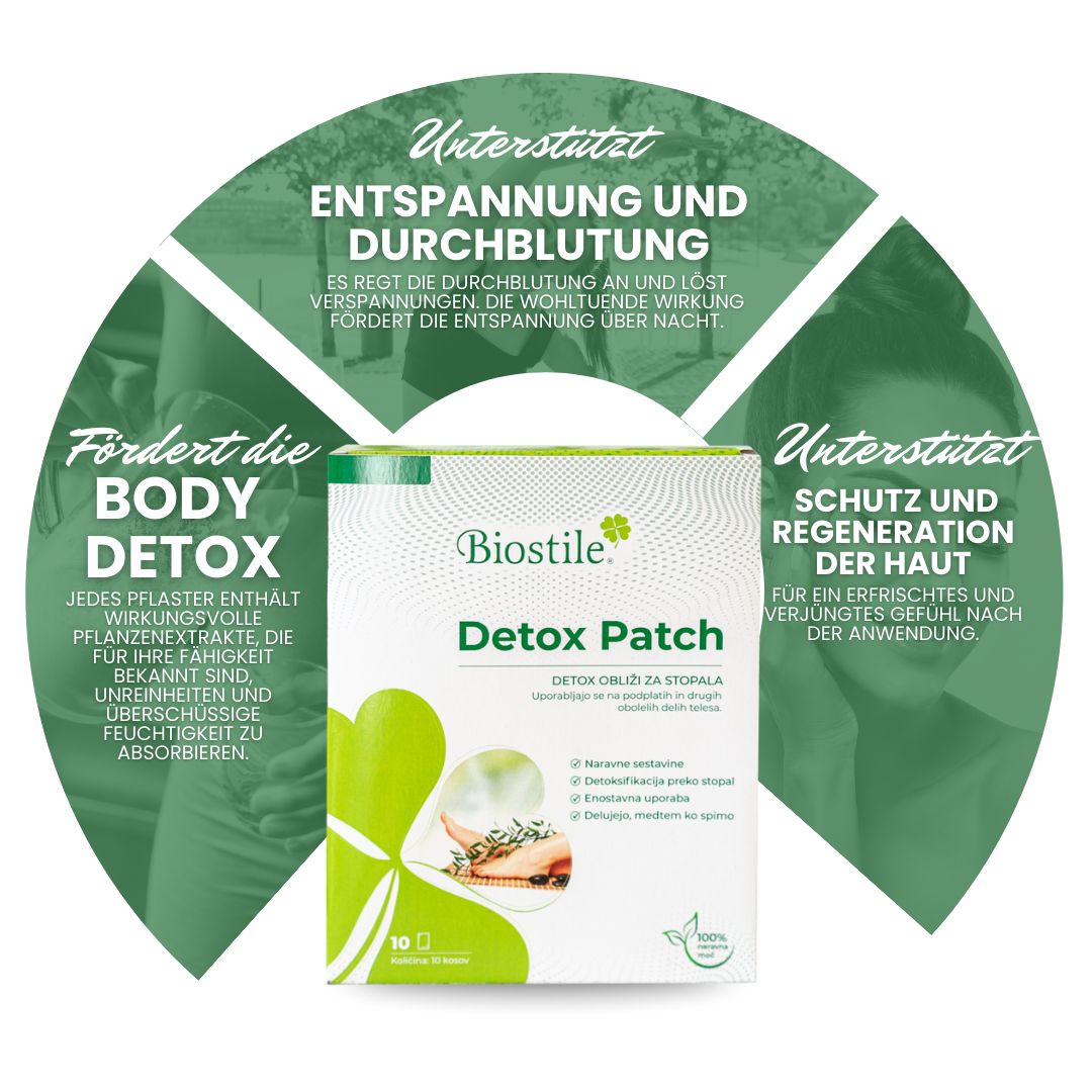 Confezione Biostile Detox Patch con bambù, testo su rilassamento e circolazione.