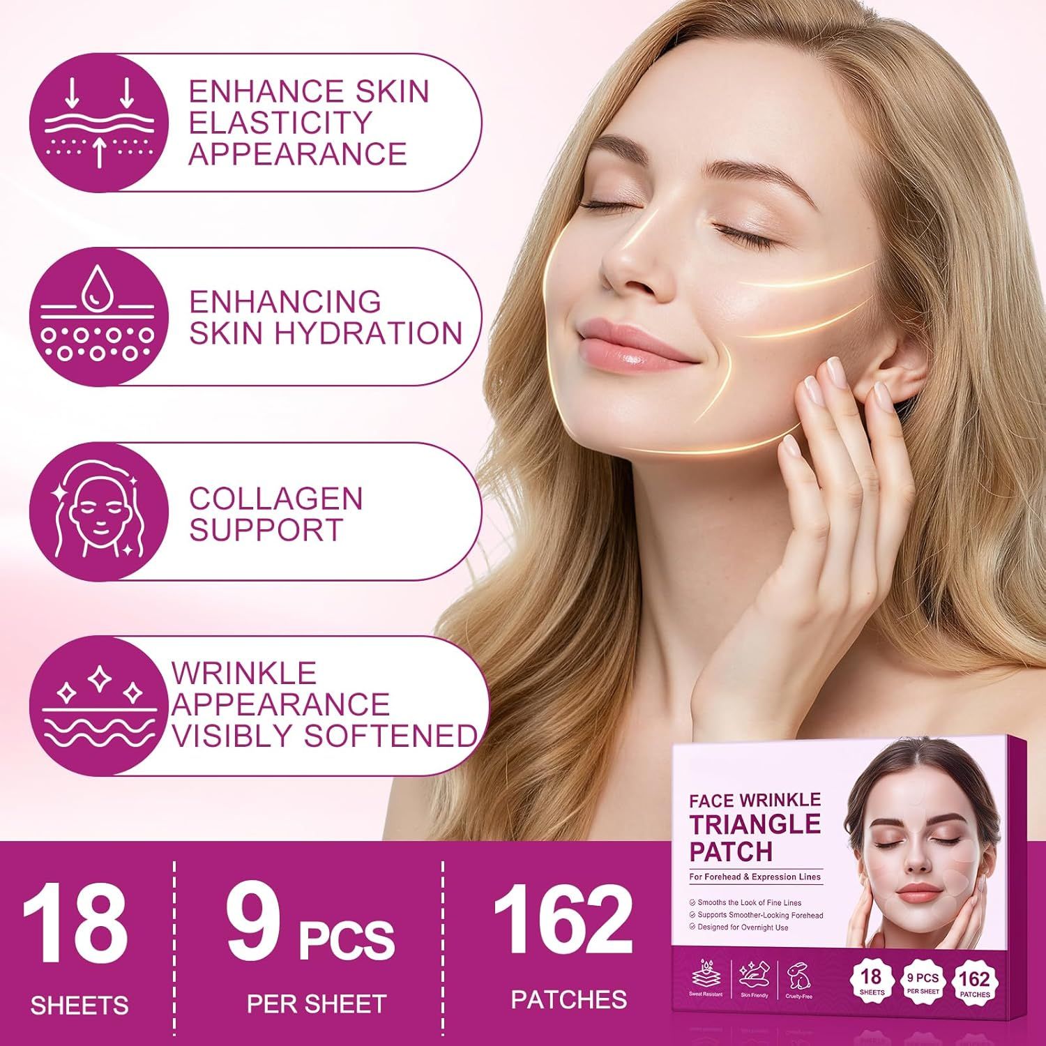 Donna con patch antirughe. Testo: Migliora l'elasticità della pelle, Migliora l'idratazione della pelle, Supporto del collagene, Rughe visibilmente attenuate.