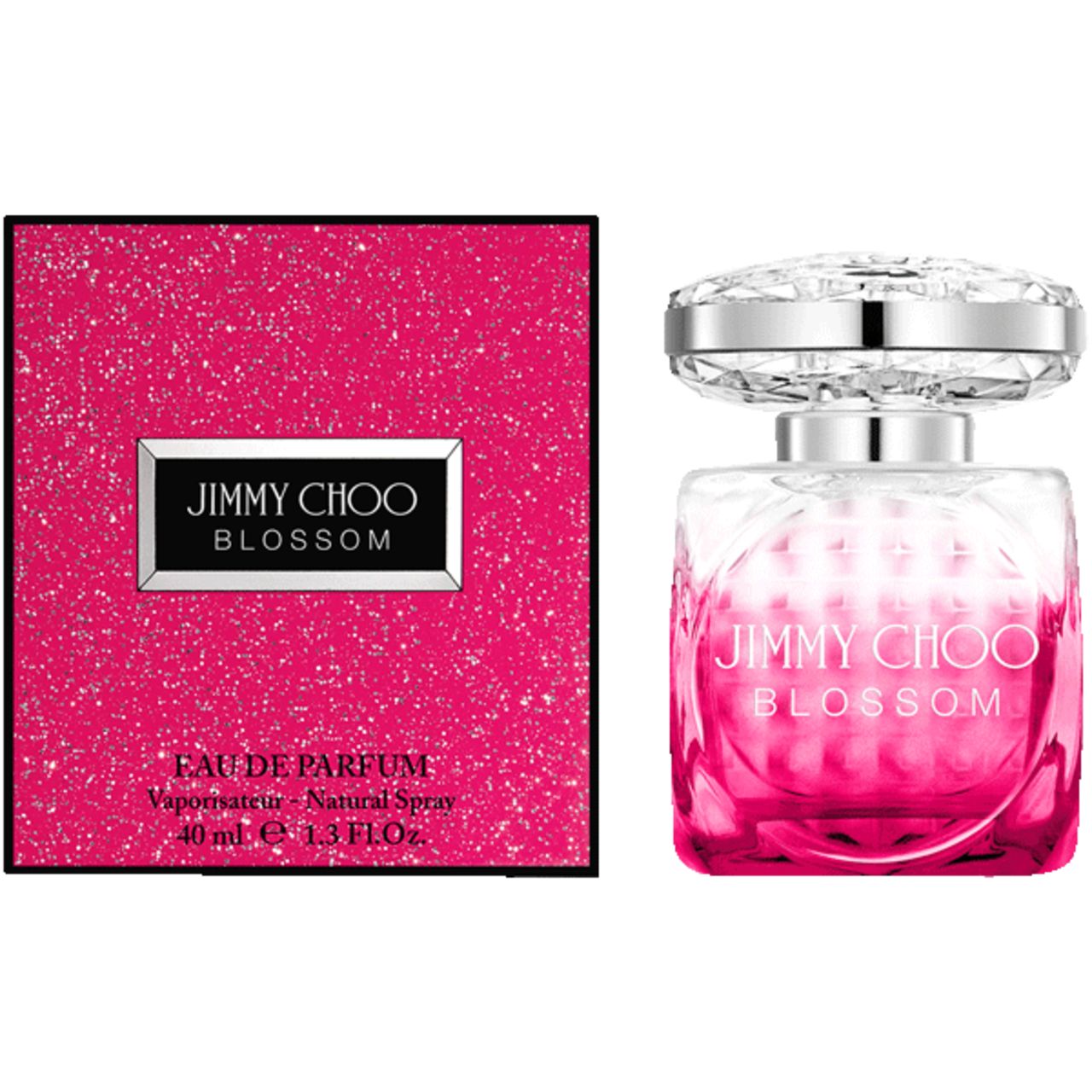 Spray Jimmy Choo Blossom e.d.p. Flacone con tappo argentato e sfumatura rosa. Confezione rosa con logo.