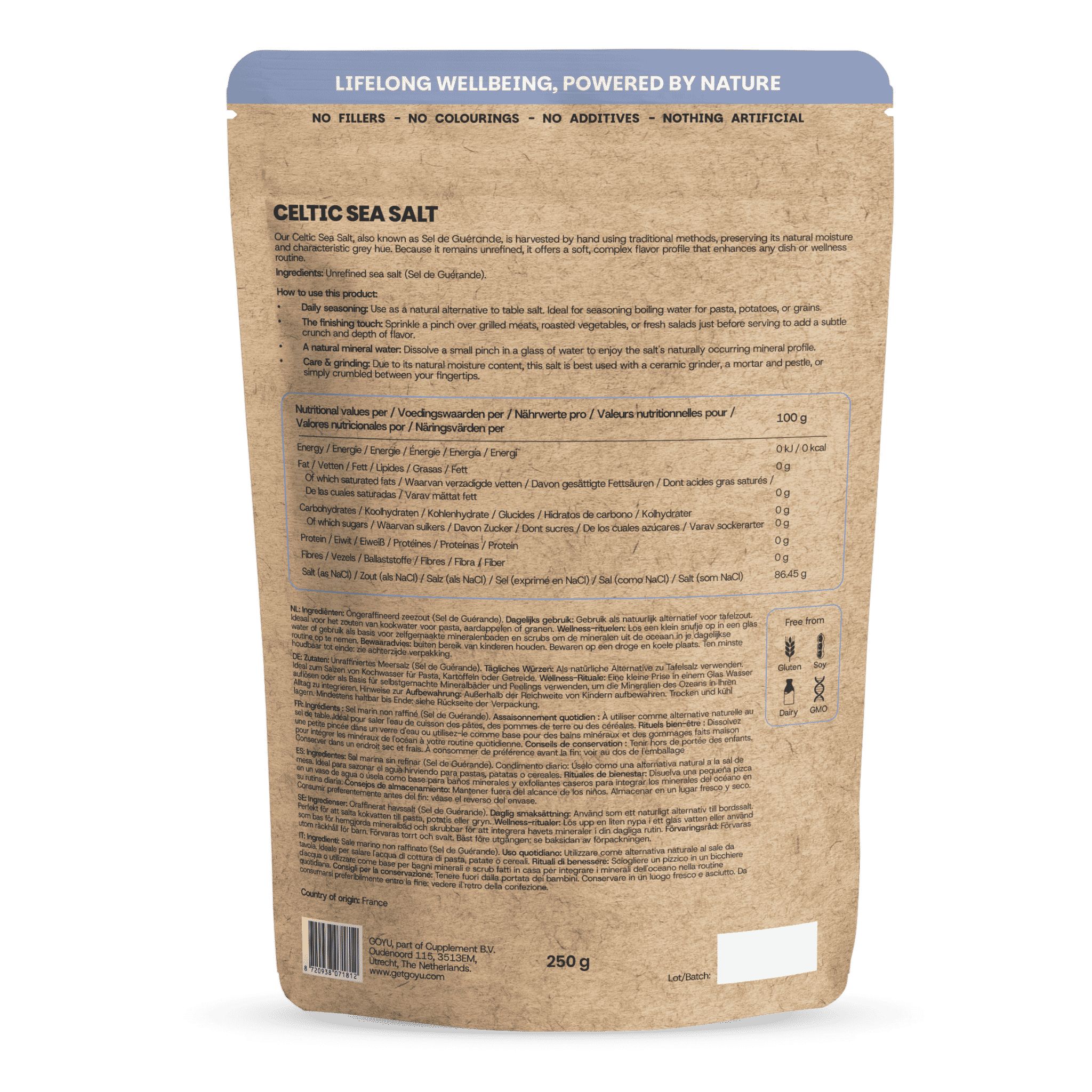 Retro di una confezione di "Celtic Sea Salt" con informazioni nutrizionali e ingredienti.