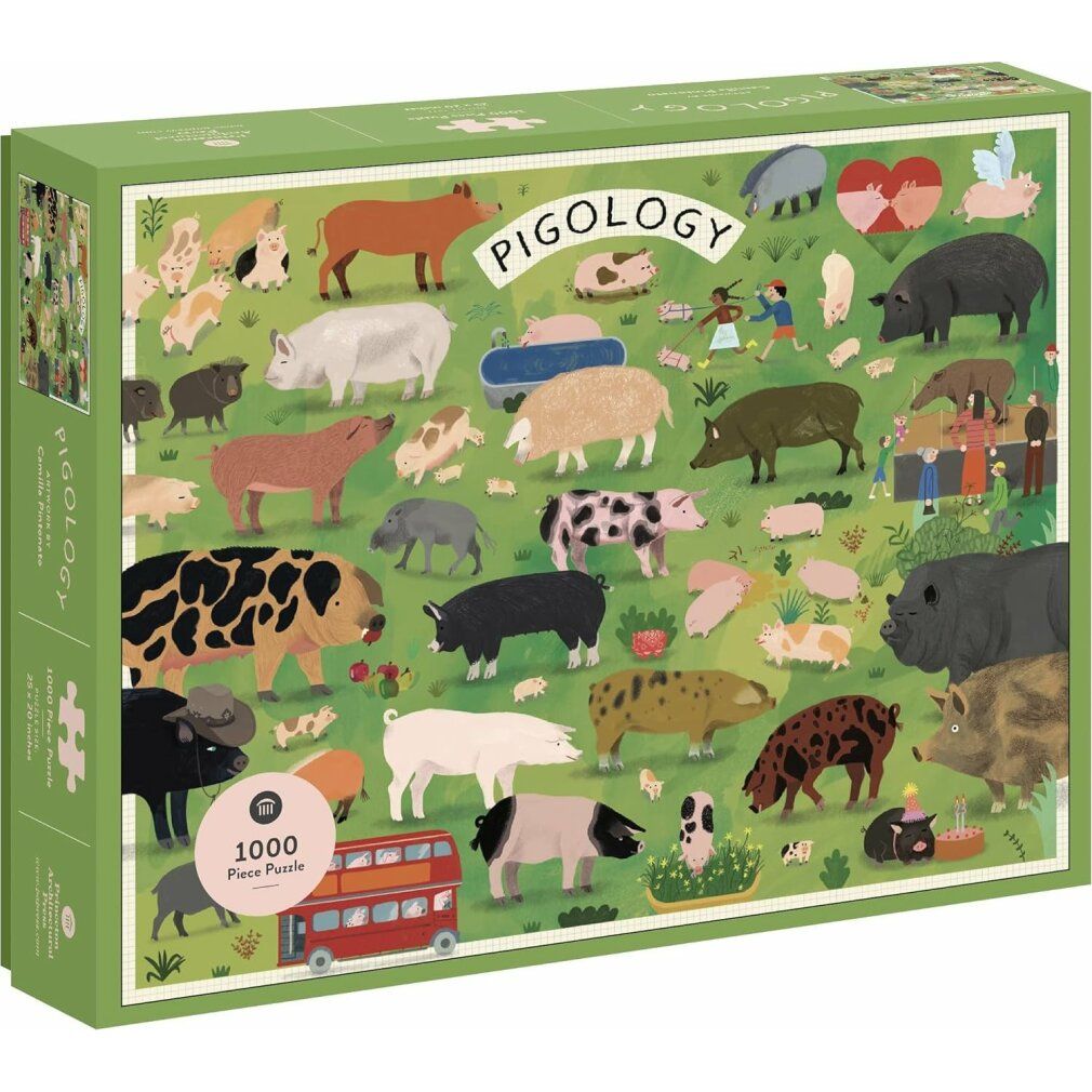 Puzzle Pigology, 1000 pezzi. Confezione verde con illustrazioni di maiali. Nome del prodotto e numero di pezzi visibili.