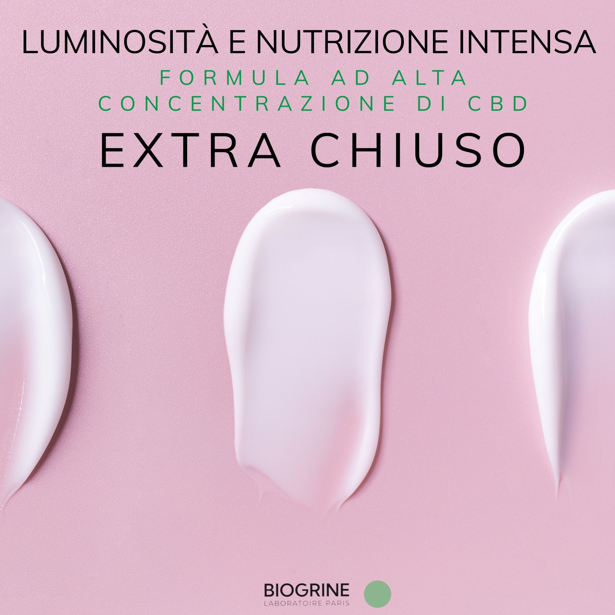 Tre strisce di crema su sfondo rosa. Testo: Formula ad alta concentrazione di CBD. Extra chiaro.