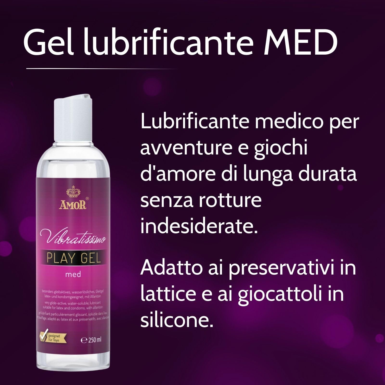 Flacone di gel lubrificante, marca Amor, Vibratissimo Play Gel med, 250ml.