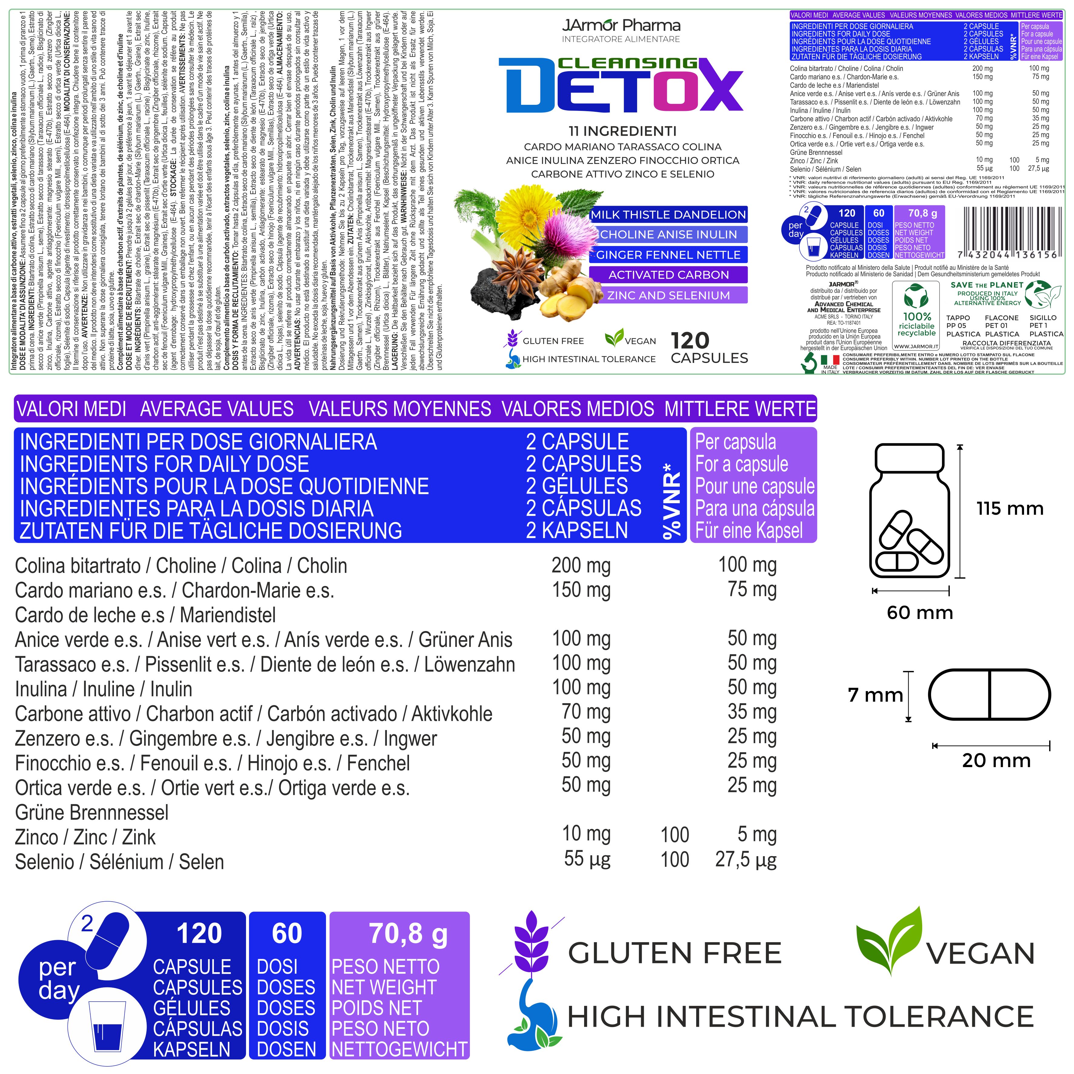 Informazioni sul prodotto con testo e diagrammi. Contiene informazioni nutrizionali, ingredienti, dimensioni della capsula e del flacone. Testo: Senza glutine, Vegano.