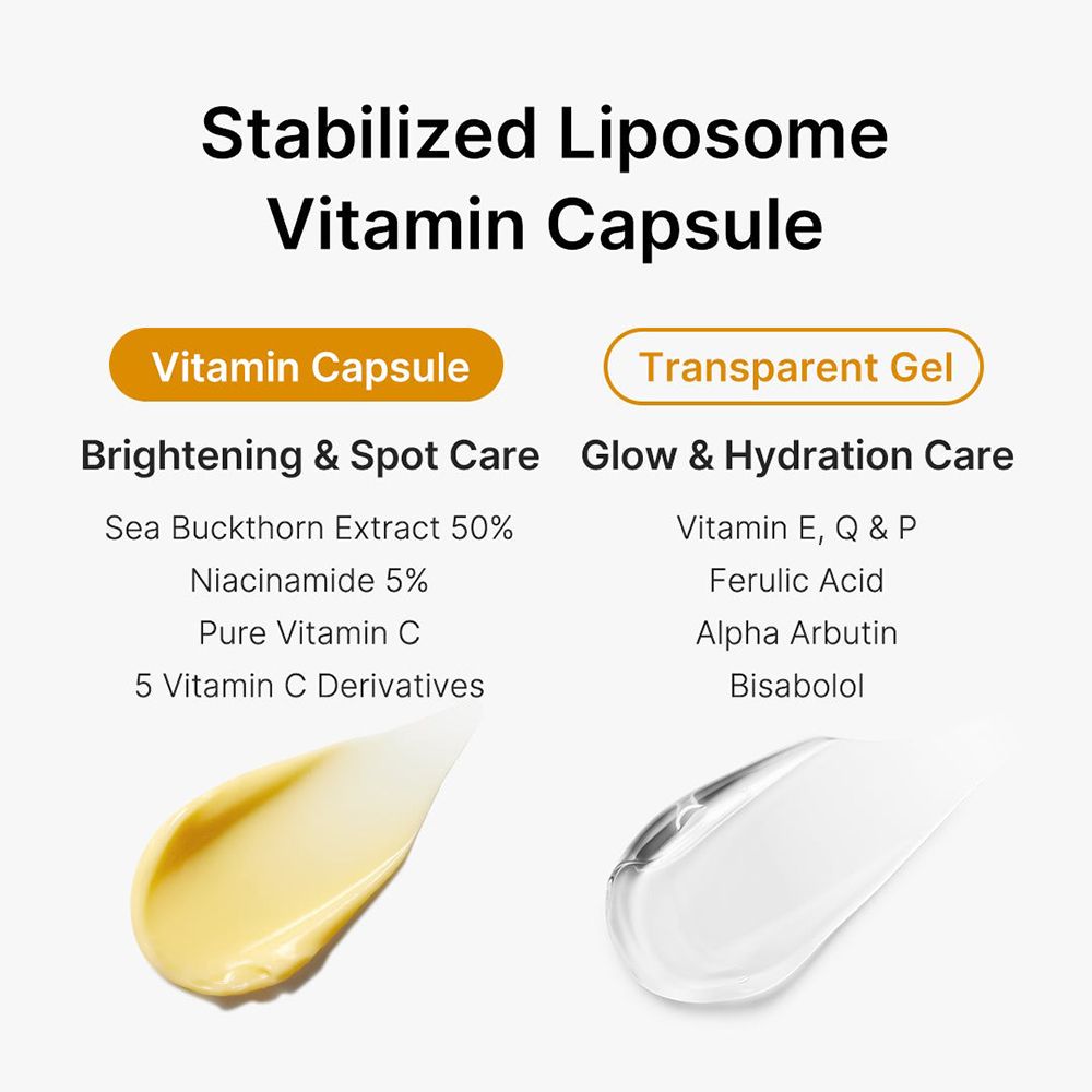Confronto tra capsula di vitamina e gel trasparente. Testo: Brightening & Spot Care, Glow & Hydration Care.