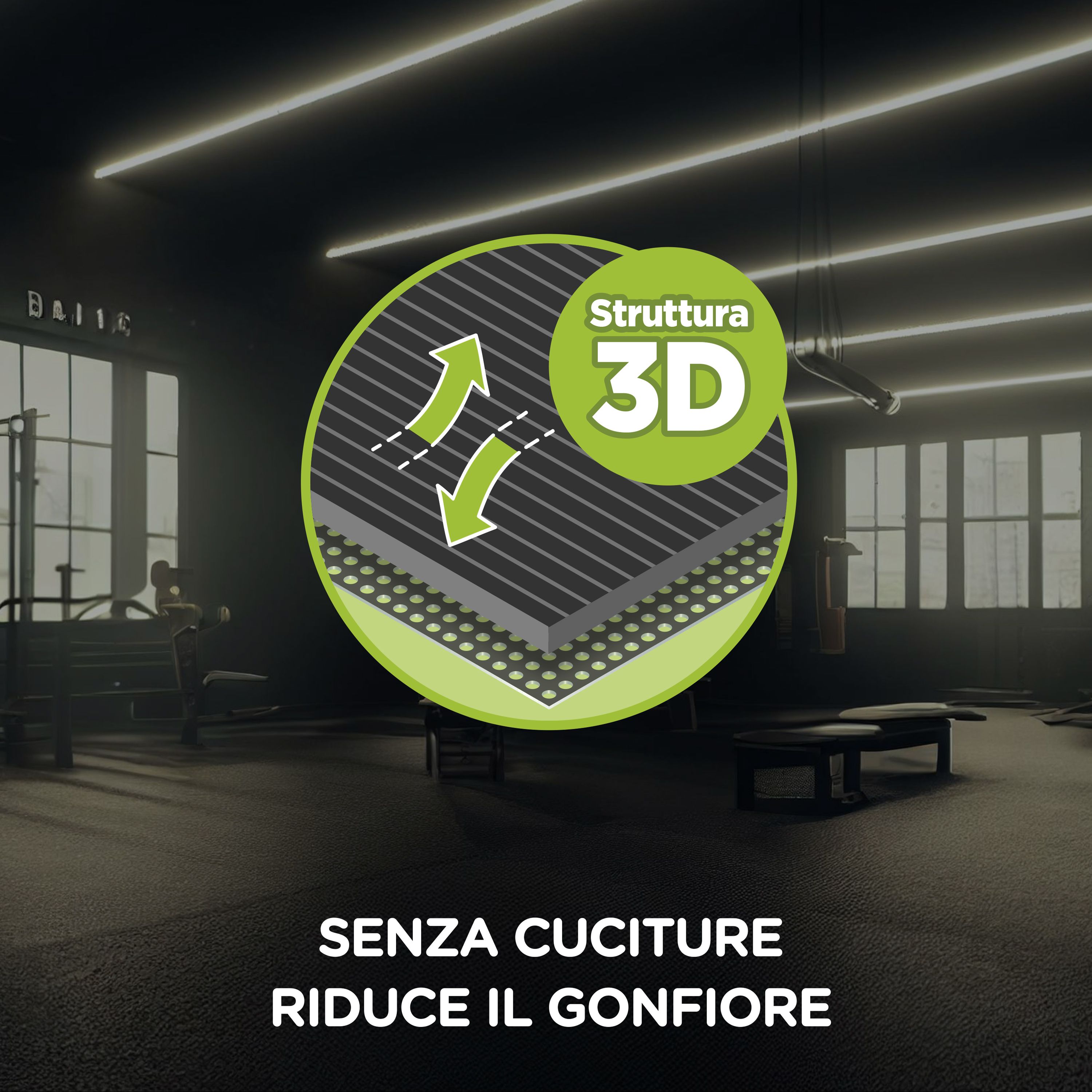 Grafica con illustrazione della struttura 3D. Testo: 'STRUTTURA 3D' e 'SENZA CUCITURE RIDUCE IL GONFIORE'. Sfondo: palestra.