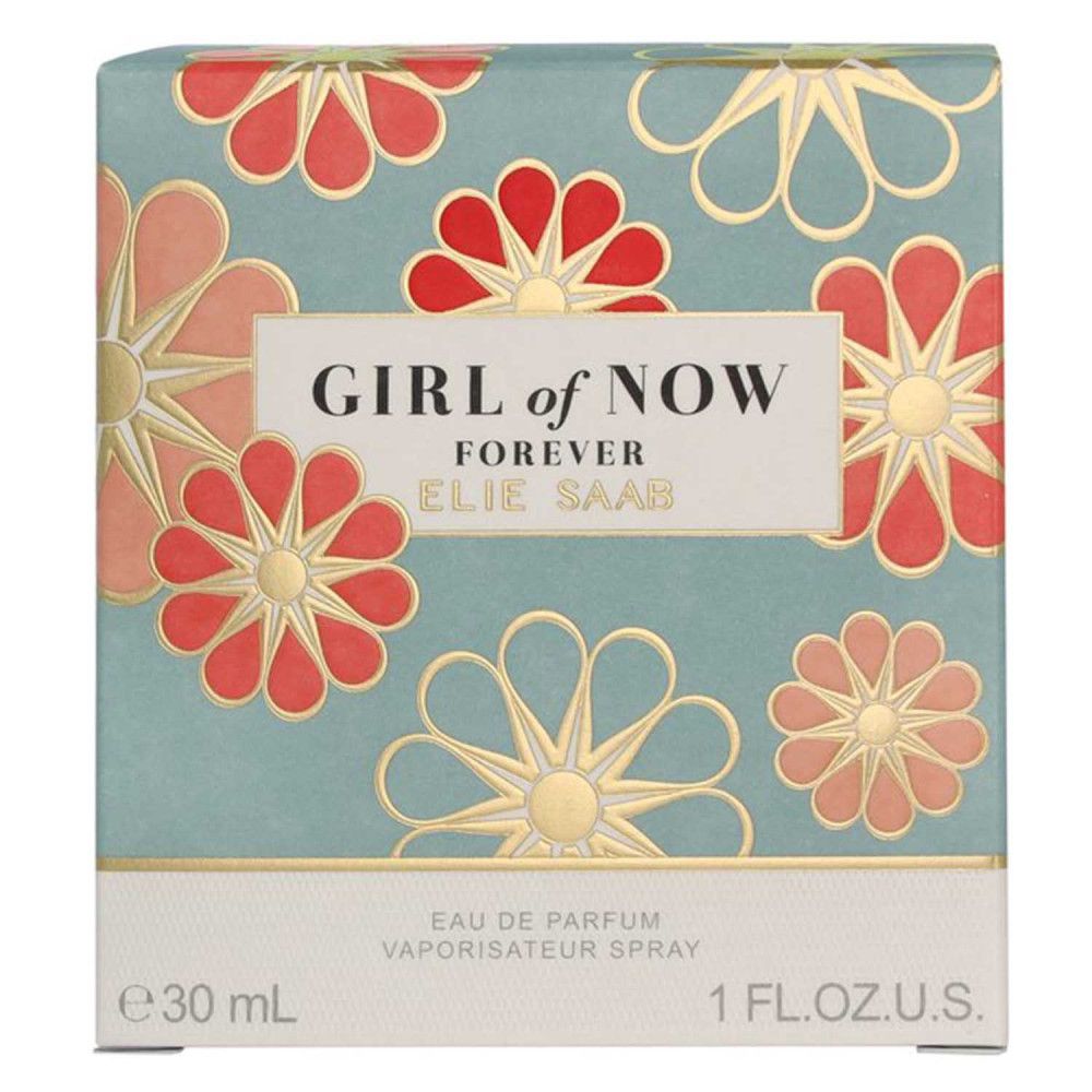 Scatola blu-verde con motivi floreali. Testo: Girl of Now Forever, Elie Saab. In basso: Eau de Parfum, 30 ml, 1 FL.OZ.U.S.