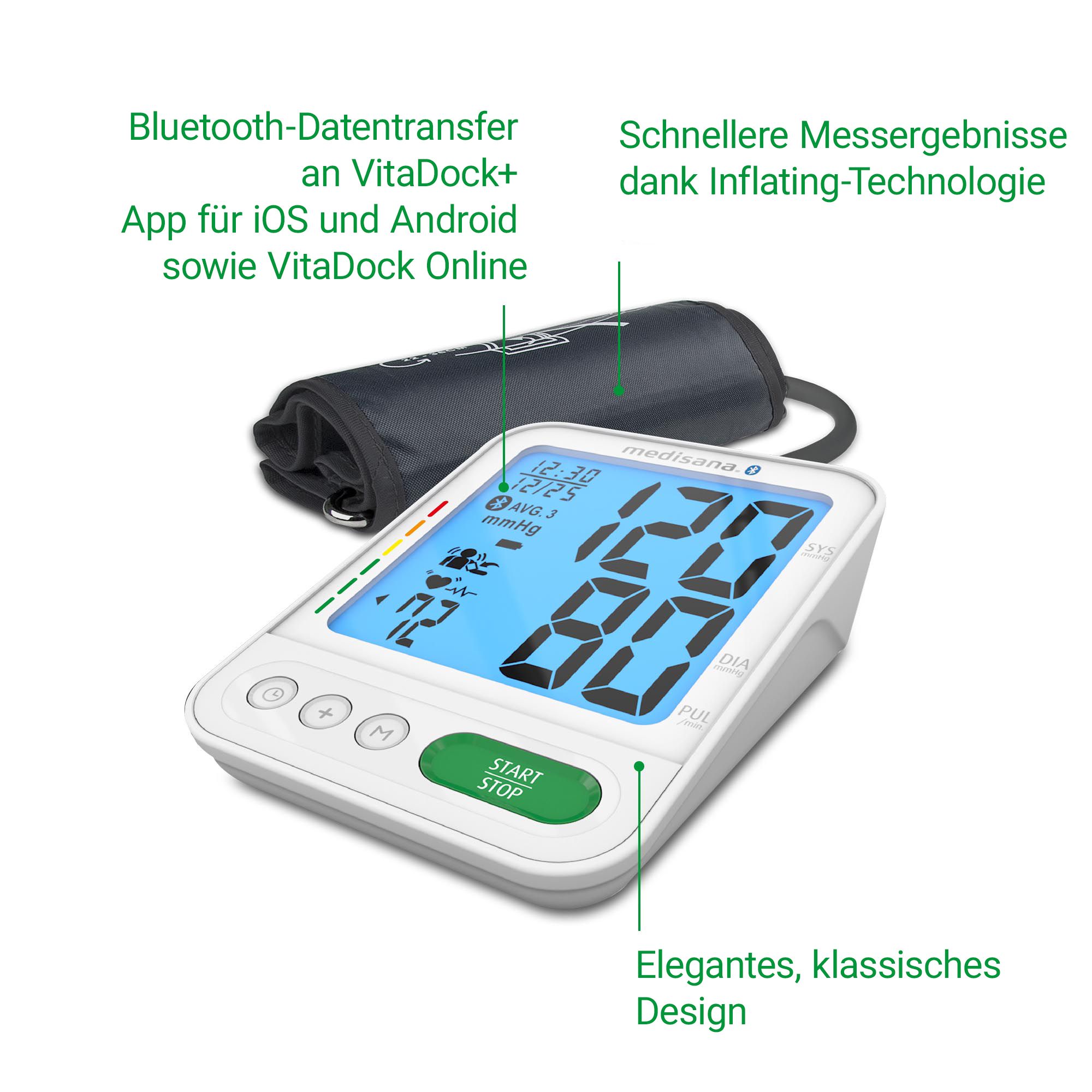 Misuratore pressione medisana: trasferimento Bluetooth, tecnologia Inflating, design classico.