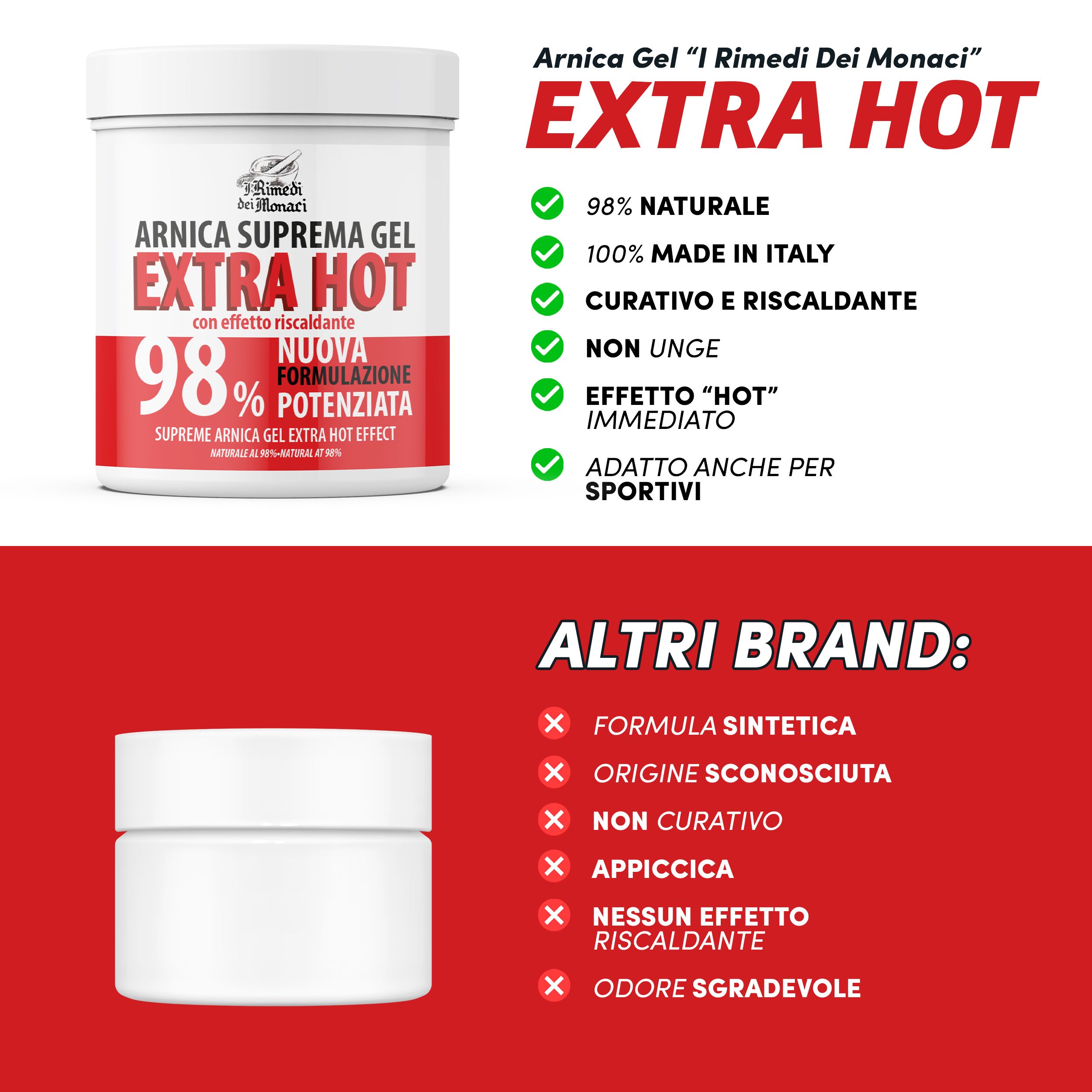 Barattolo bianco con scritta rossa: Arnica Suprema Gel Extra Hot 98%. Vantaggi e svantaggi di altri marchi.