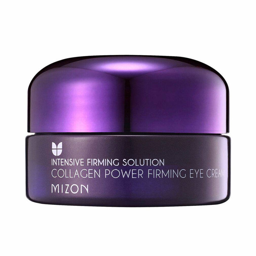 Vasetto di crema per occhi con coperchio viola. Contenitore nero con testo bianco: Collagen Power Firming Eye Cream. Marchio: Mizon.