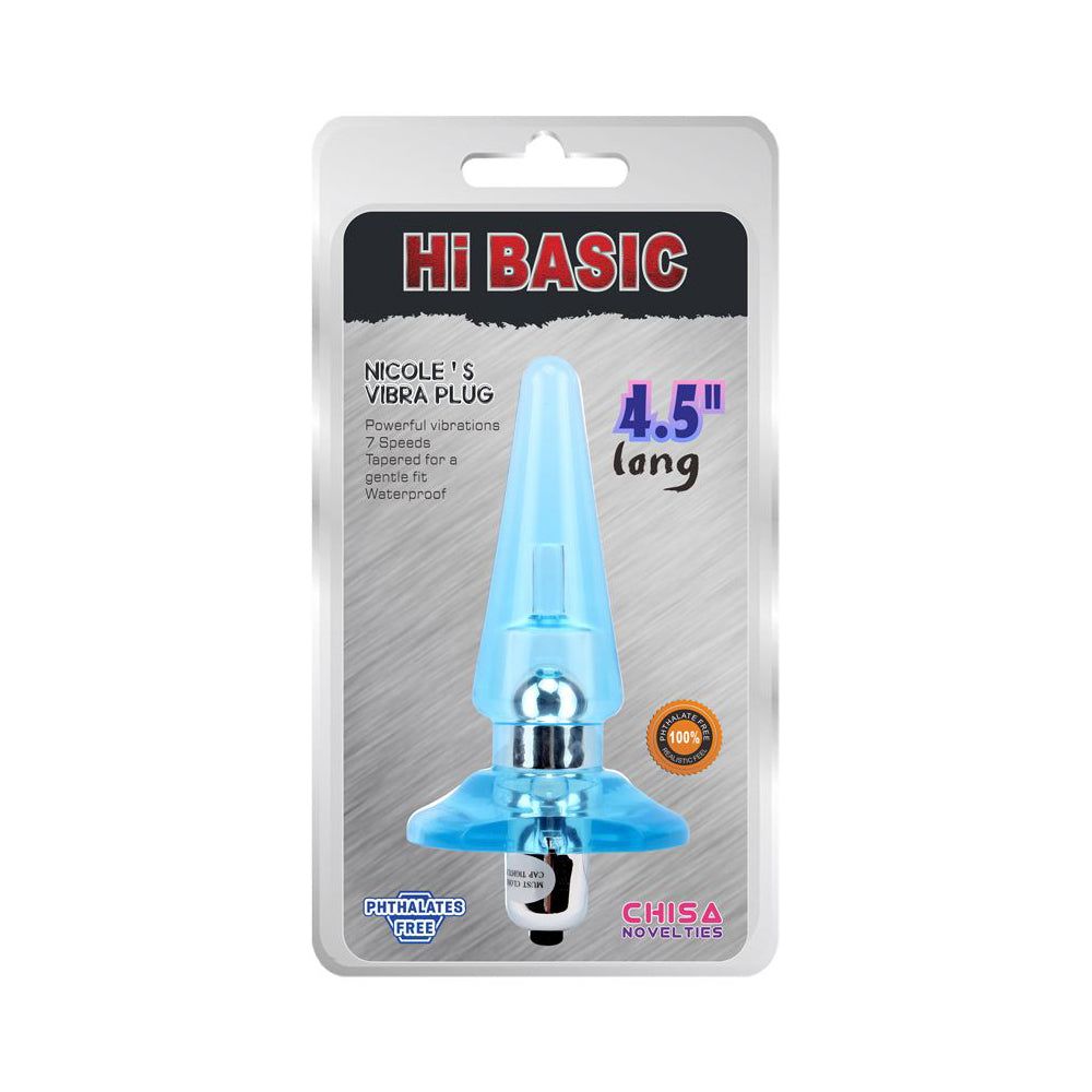 Confezione con plug anale blu. Nome prodotto: Nicole's Vibra Plug. 4,5" lungo. Marchio: Hi Basic. Senza ftalati.