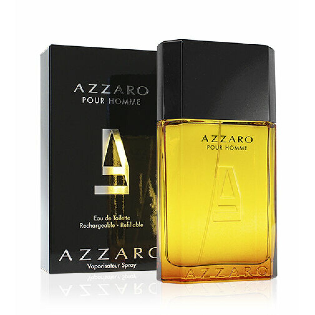Flacone e confezione. Flacone: vetro ambrato, tappo nero. Confezione: nera, scritta bianca AZZARO POUR HOMME.