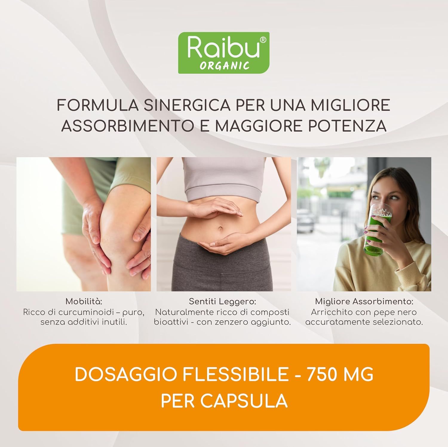 Immagine con tre immagini. Testo: Dosaggio Flessibile - 750 MG PER CAPSULA. Immagini di persone.