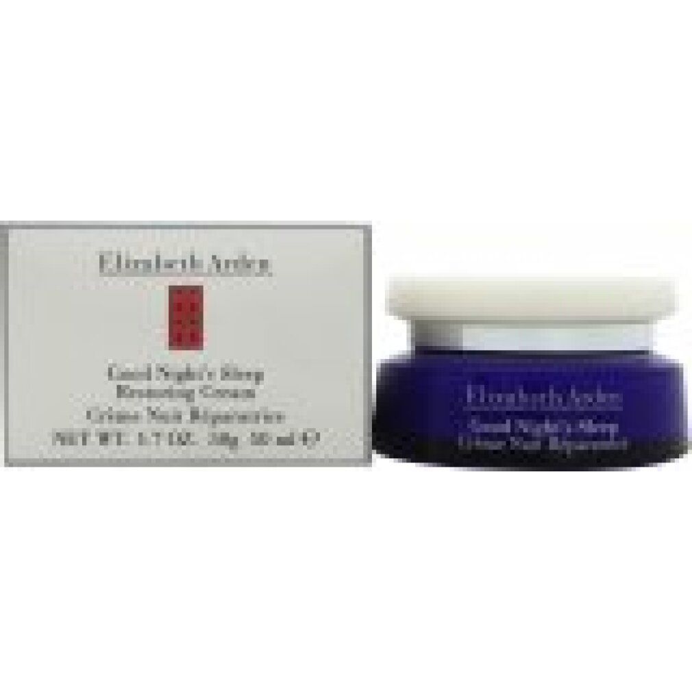Vaso di crema blu con coperchio bianco e scatola. Scritta: Elizabeth Arden Good Night's Sleep Restoring Cream.