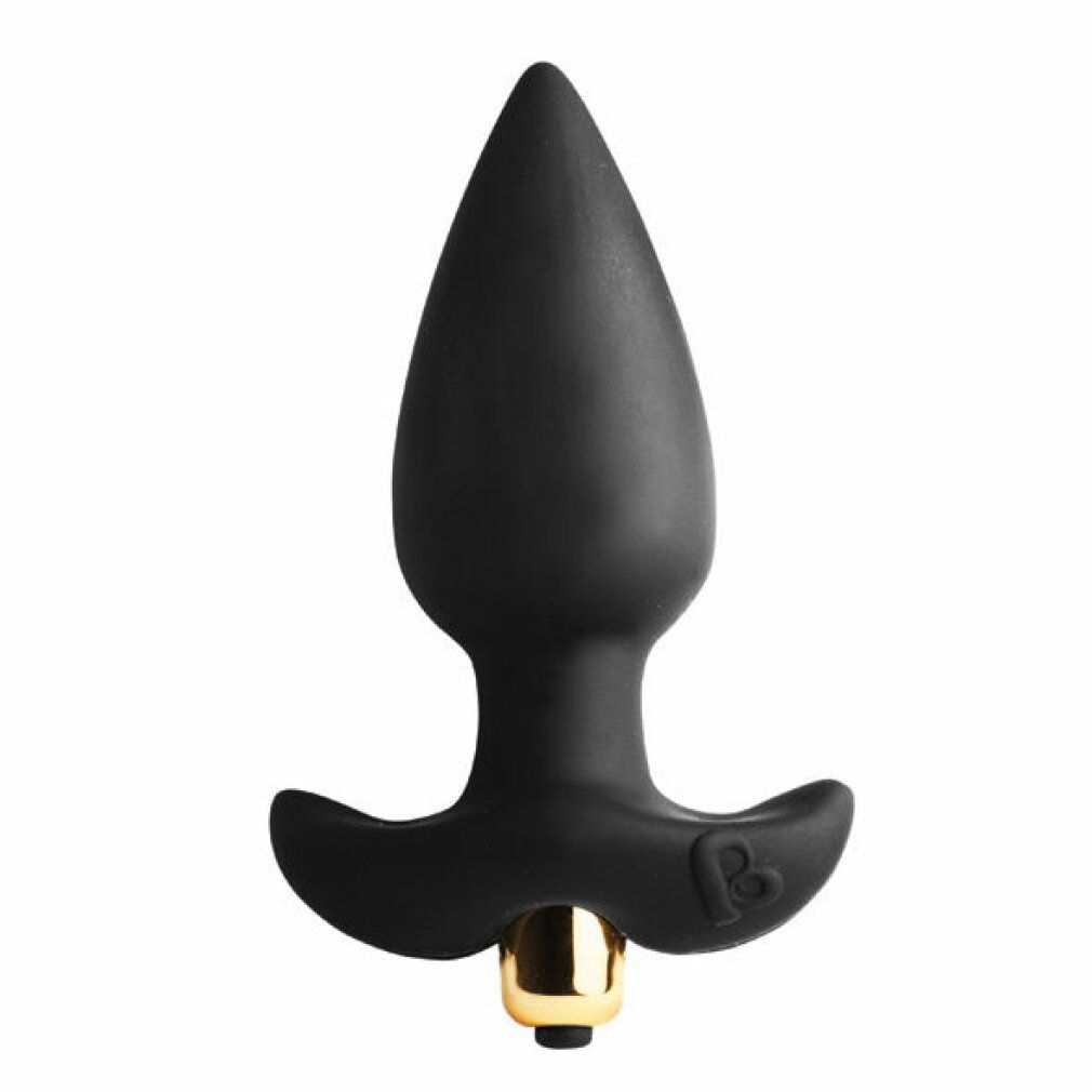 Plug anale nero a goccia, base dorata. Impugnatura con logo. Realizzato in silicone.