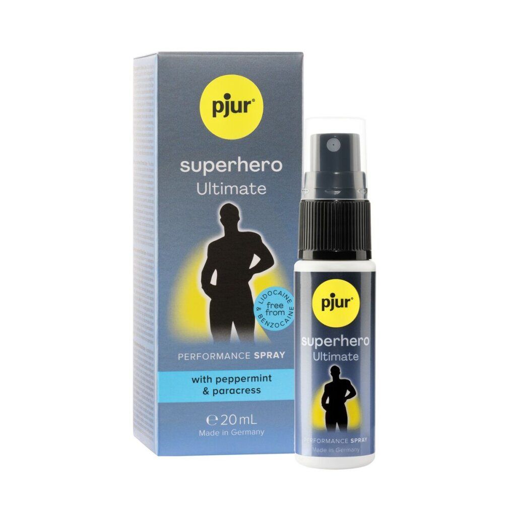 Flacone del prodotto e confezione. Scritta: pjur, superhero Ultimate, Performance Spray. Contiene menta piperita e paracress. Flacone con vaporizzatore.