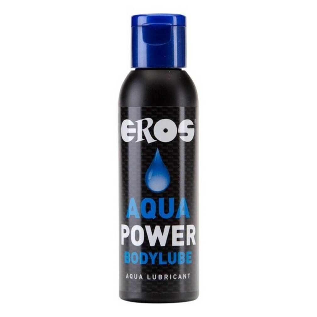 Flacone nero con tappo blu. Scritta: EROS, AQUA POWER BODYLUBE, AQUA LUBRICANT. Simbolo goccia.
