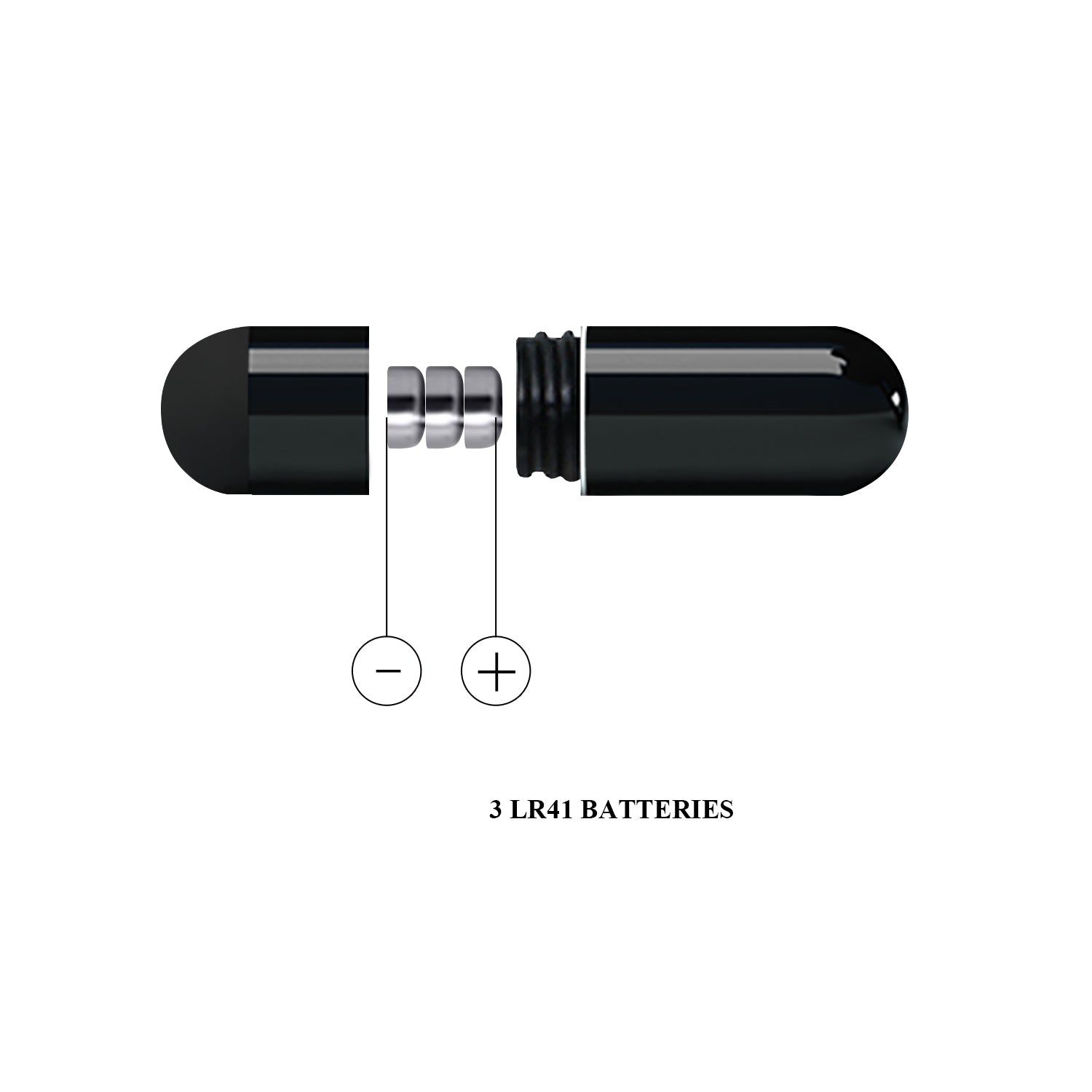 Capsula nera aperta con tre batterie LR41. Segni più e meno visibili.