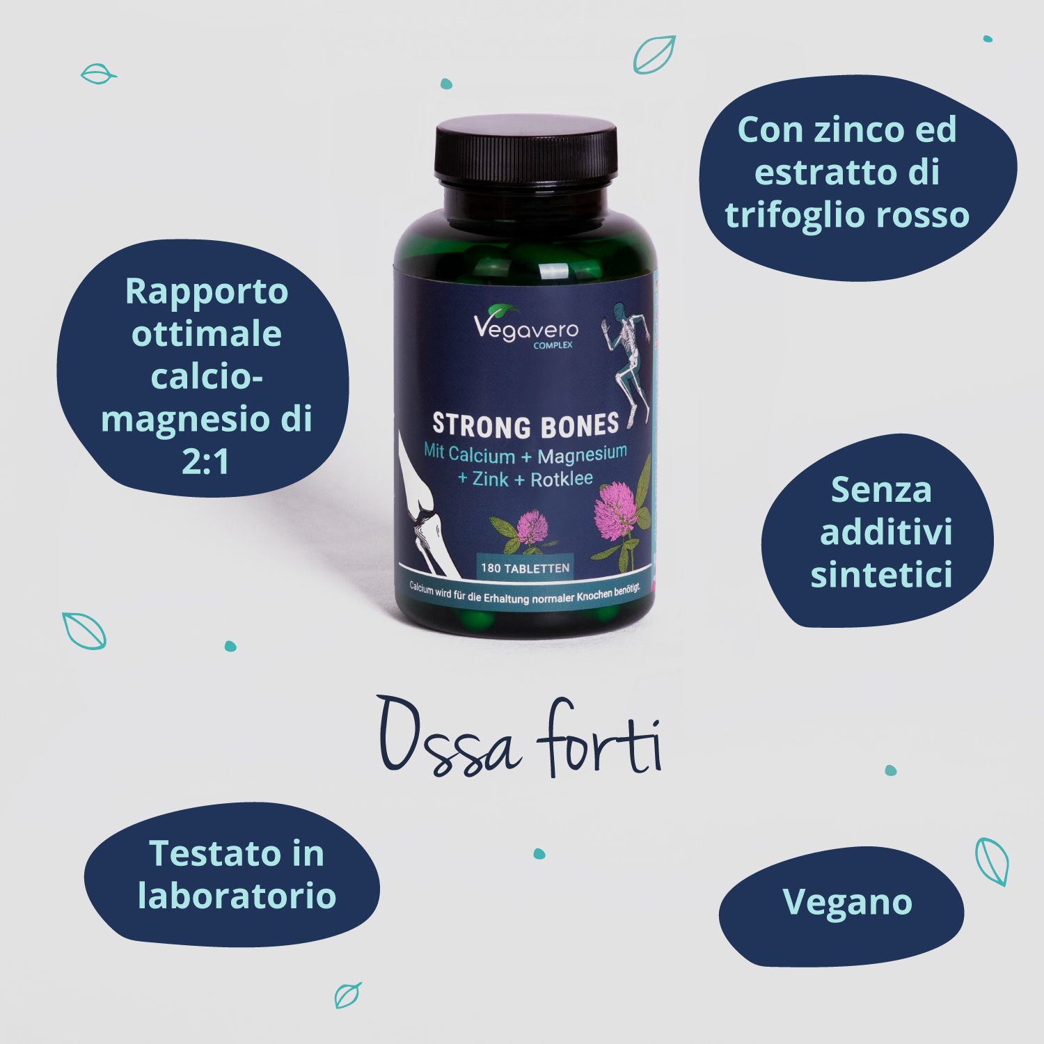 Flacone verde Strong Bones, Vegavaro. Contiene calcio, magnesio, zinco, trifoglio rosso. Info: Rapporto ottimale.