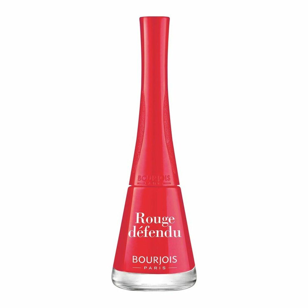 Flacone di smalto rosso. Scritta: Rouge défendu, Bourjois Paris. Flacone in vetro, tappo rosso.