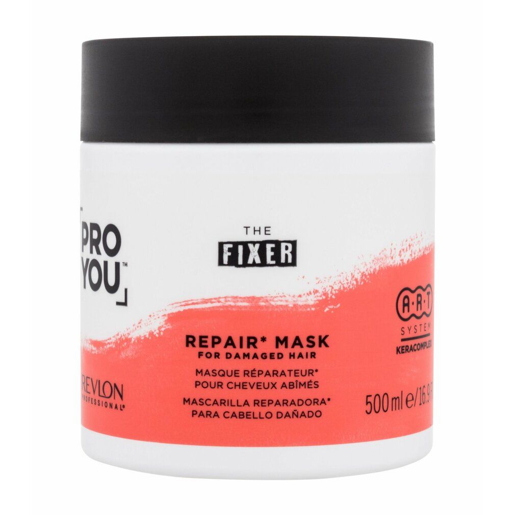 Vaso bianco con coperchio nero. Scritte: PRO YOU, THE FIXER, REPAIR MASK, REVLON. Sfumatura di colore rosso. 500ml.