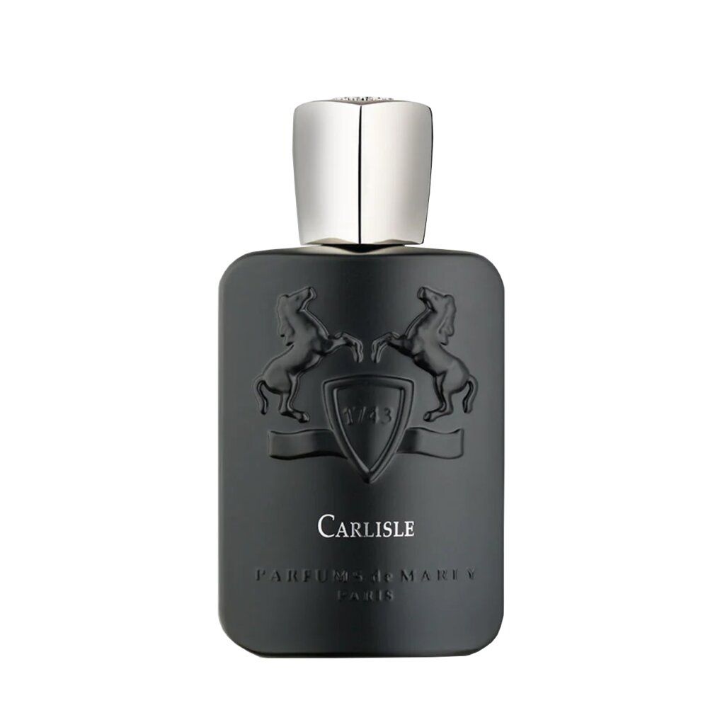 Flacone di profumo grigio scuro con tappo argentato. Stemma in rilievo con cavalli e scritta.