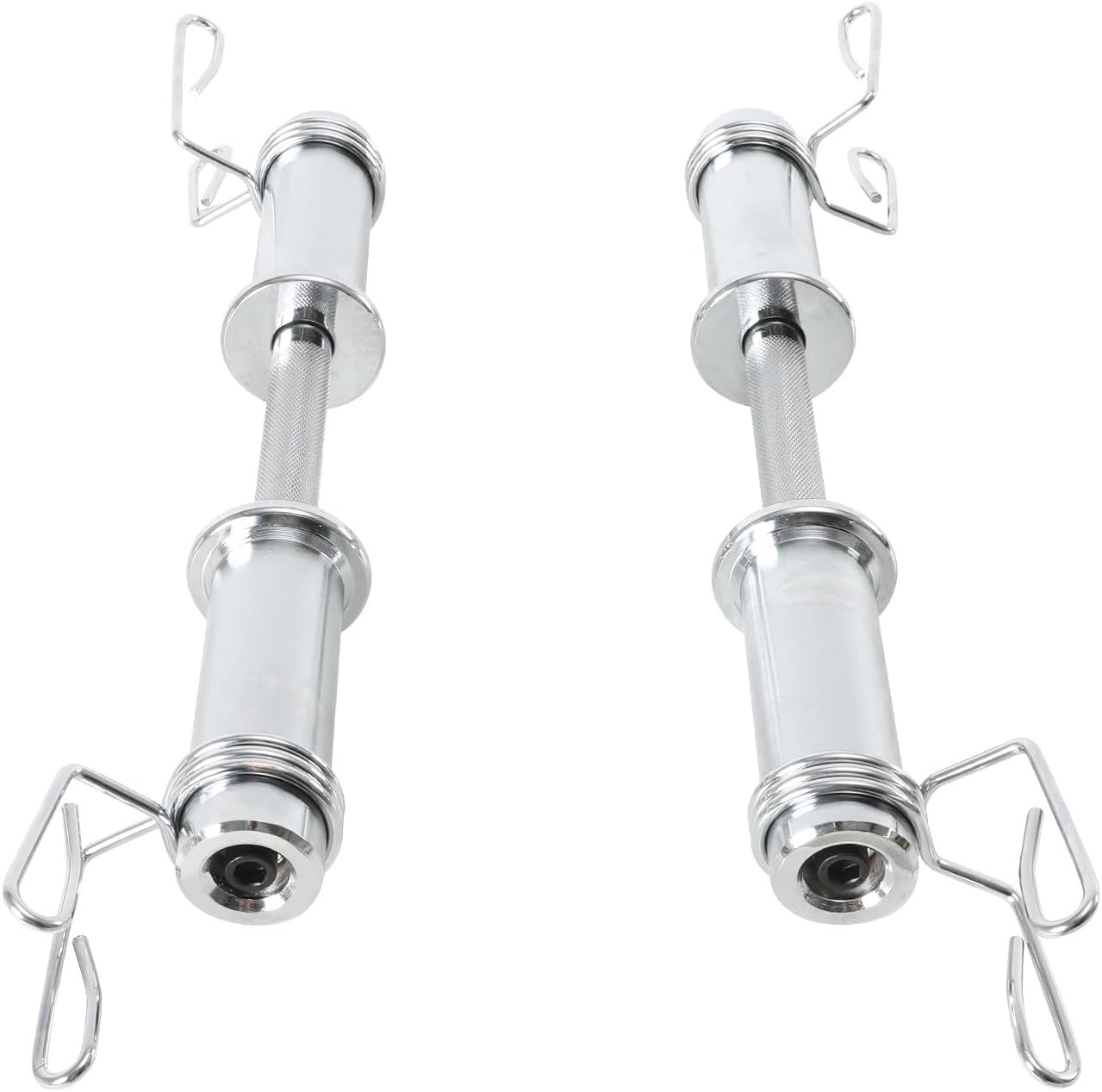 Due manubri con clip a molla. Metallo argentato. Le barre sono disposte in parallelo.