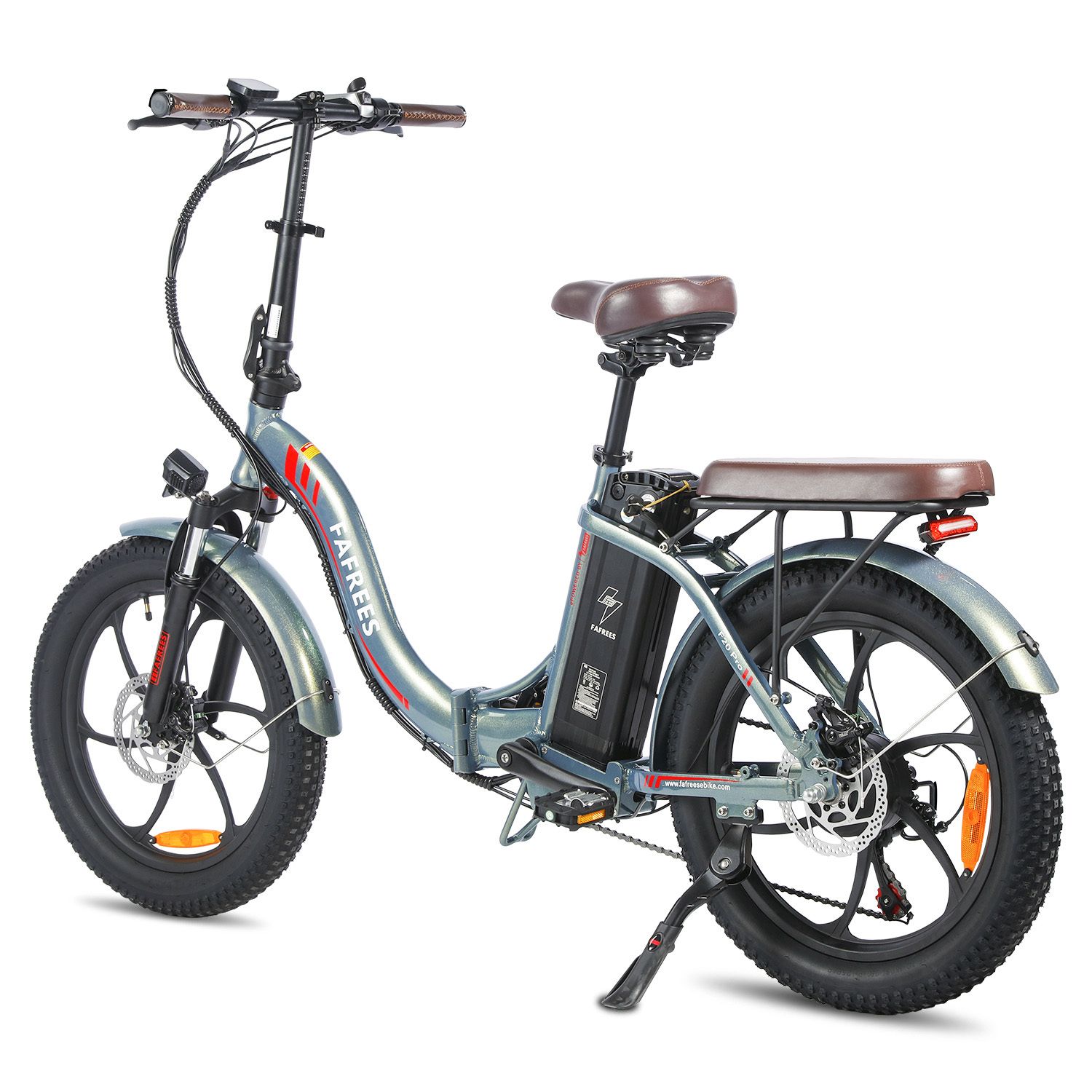 E-bike Fafrees F20 Pro, blu, sella marrone, pneumatici neri. Portapacchi, fanalino posteriore, freni a disco.