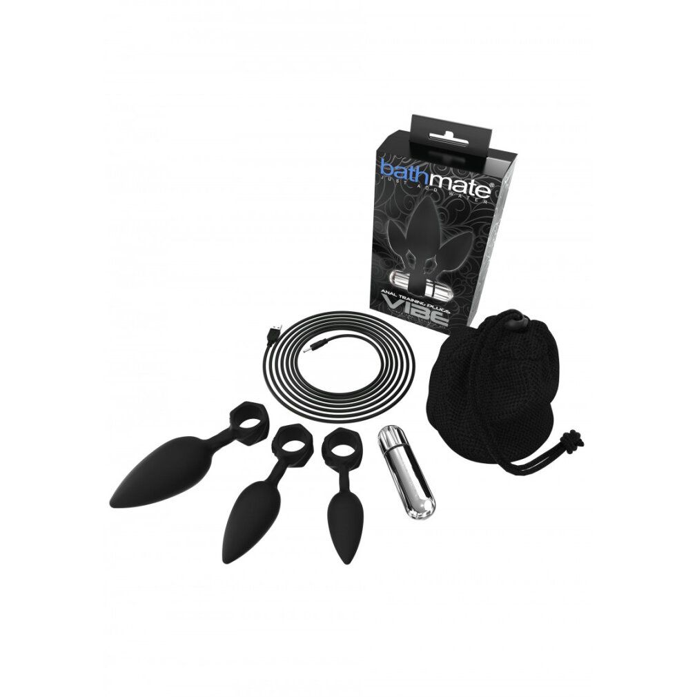 Set di 3 plug anali, cavo di ricarica, vibratore e sacchetto. Confezione con nome del prodotto.