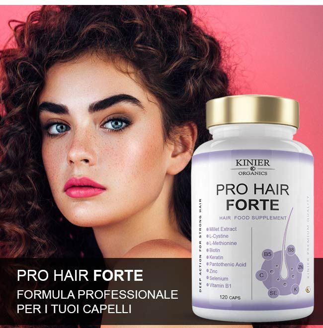 Donna con capelli ricci. Accanto a lei, un flacone Pro Hair Forte. Testo: Formula per i tuoi capelli.