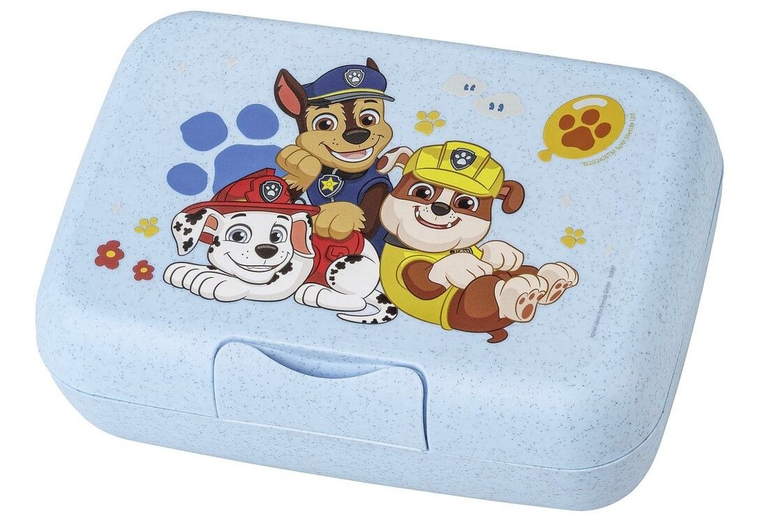 Contenitore per il pranzo azzurro chiaro chiuso. Motivo Paw Patrol con cani. Rettangolare. Plastica. Coperchio stampato.