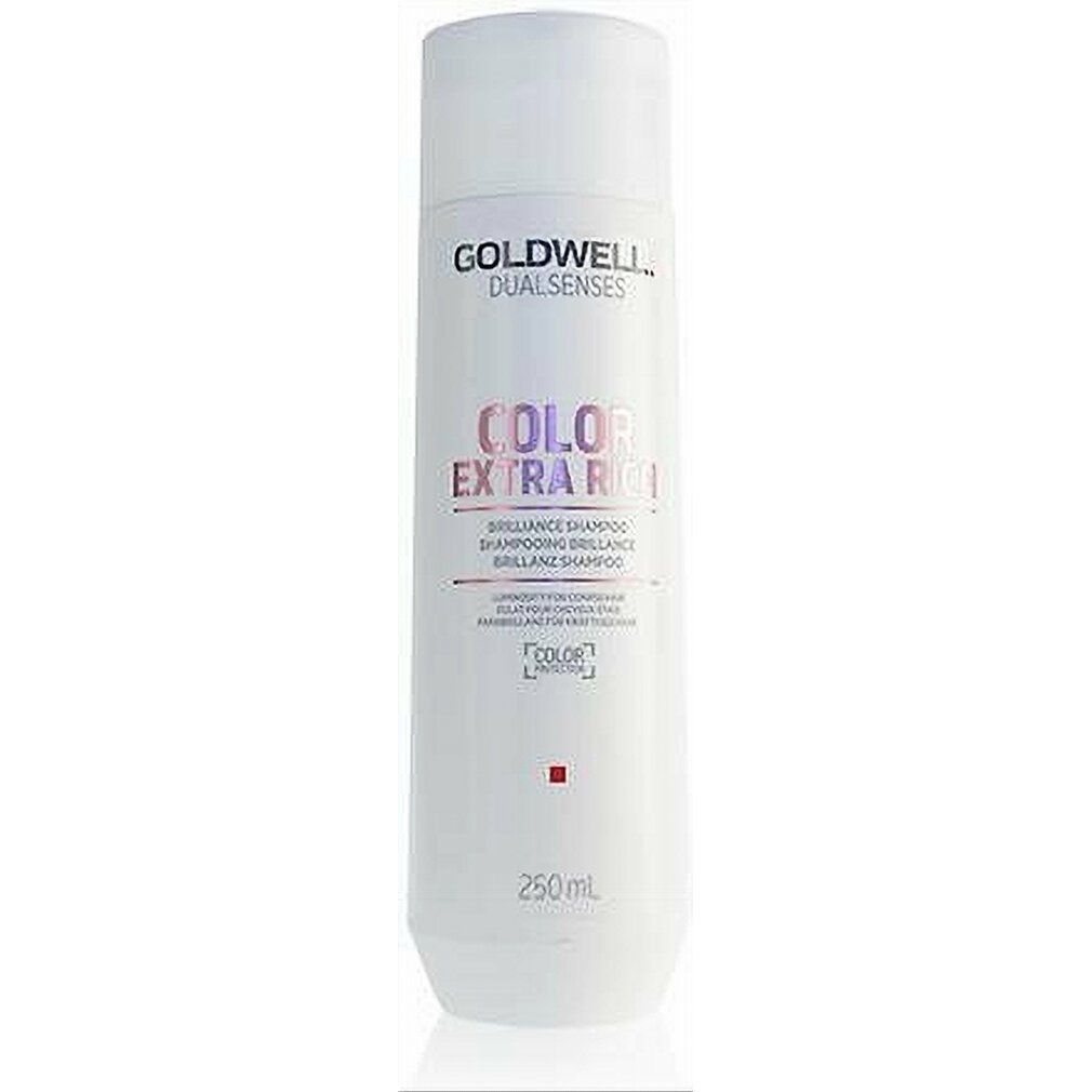 Goldwell Dualsenses Color Extra Rich Brilliance Shampoo. Flacone bianco con testo rosa. Nome del prodotto e logo visibili. 250ml.