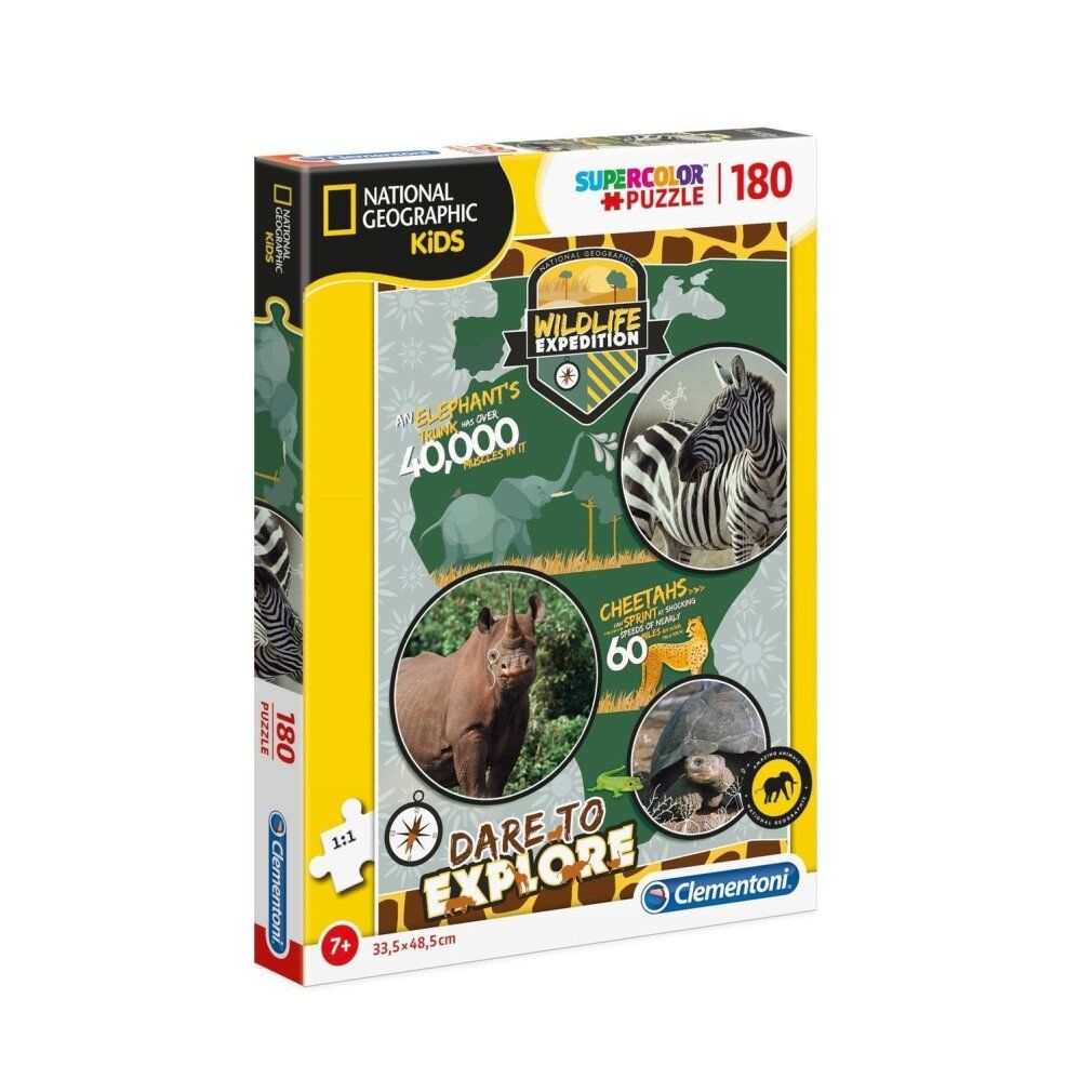 Puzzle Supercolor National Geographic Kids da 180 pezzi. Mostra elefanti, zebre, rinoceronti e tartarughe. Dimensioni: 33,5 x 48,5 cm.