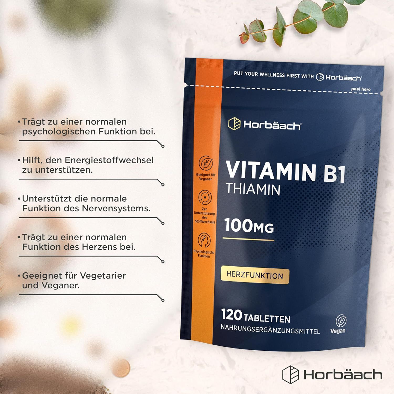 Busta di compresse Horbaach Vitamina B1 Tiamina. Busta nera con testo bianco. 120 compresse, 100mg. Vegan.