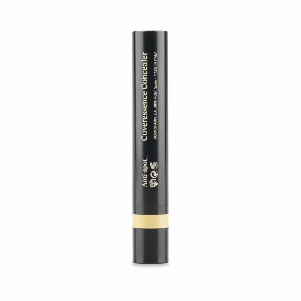 Correttore in stick. Stick nero con punta beige. Sullo stick c'è scritto "Coveressence Concealer" e "Anti-spot".