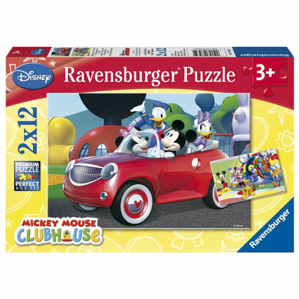 Scatola puzzle Mickey Mouse Clubhouse. Contiene 2 puzzle da 12 pezzi ciascuno. Marchio Ravensburger.